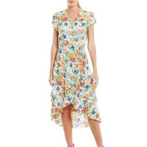 WAYF Olelander Floral High Low Wrap Midi Dress Surplice Cap Sleeve Flowy Size XS